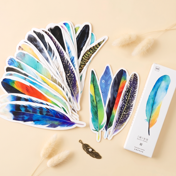 Colorful Feather Bookmarks - Set of 30