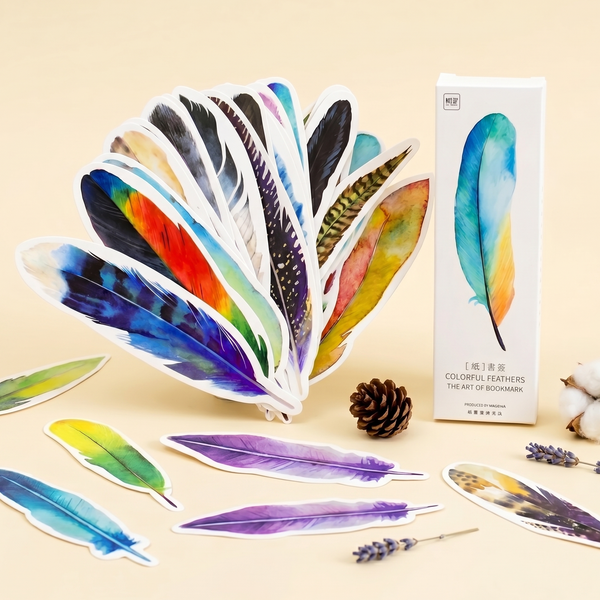 Colorful Feather Bookmarks - Set of 30