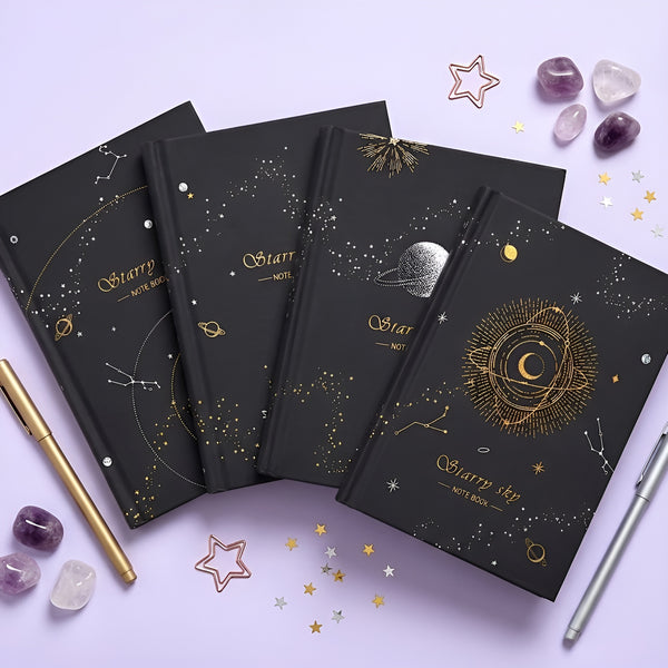 Starry Sky Black Paper Notebook - Hardcover, Gold Foil Design, 256 Pages