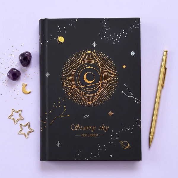 Starry Sky Black Paper Notebook - Hardcover, Gold Foil Design, 256 Pages