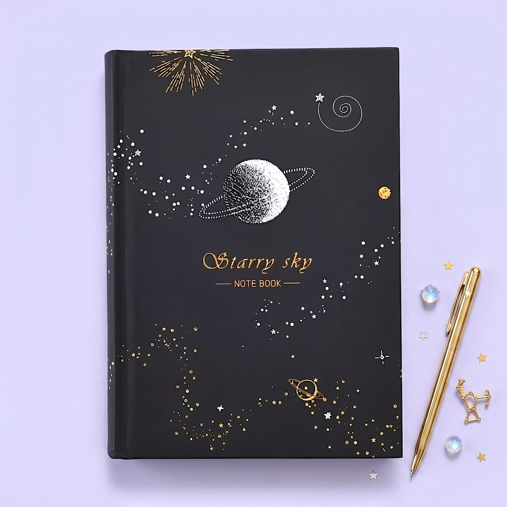 Starry Sky Black Paper Notebook - Hardcover, Gold Foil Design, 256 Pages