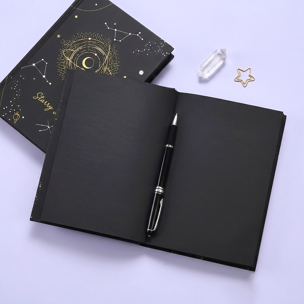 Starry Sky Black Paper Notebook - Hardcover, Gold Foil Design, 256 Pages