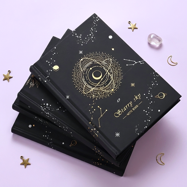 Starry Sky Black Paper Notebook - Hardcover, Gold Foil Design, 256 Pages
