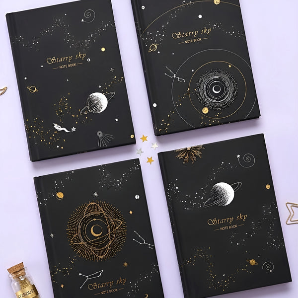 Starry Sky Black Paper Notebook - Hardcover, Gold Foil Design, 256 Pages
