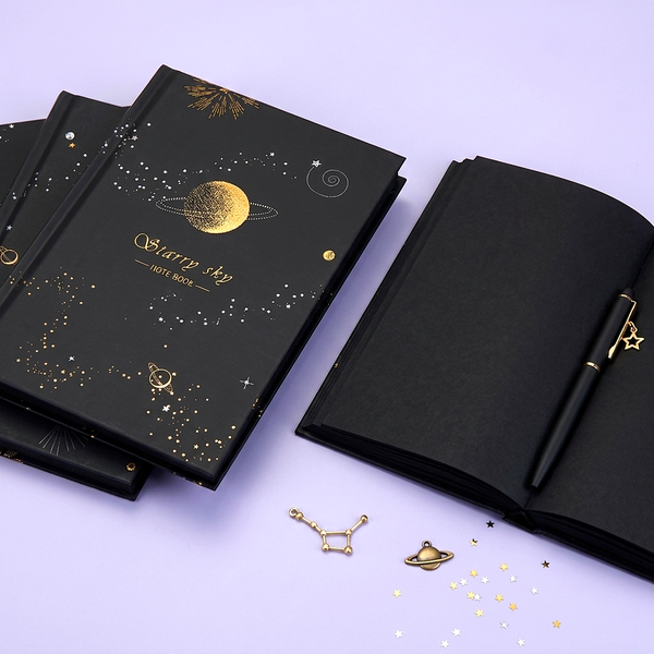 Starry Sky Black Paper Notebook - Hardcover, Gold Foil Design, 256 Pages