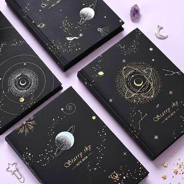 Starry Sky Black Paper Notebook - Hardcover, Gold Foil Design, 256 Pages