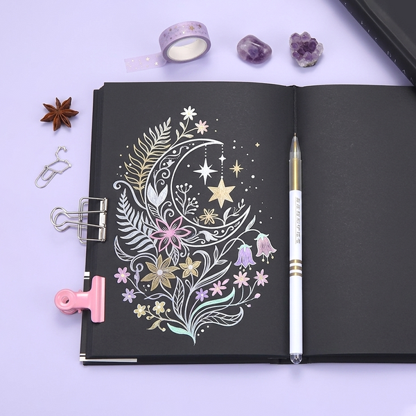 Starry Sky Black Paper Notebook - Hardcover, Gold Foil Design, 256 Pages