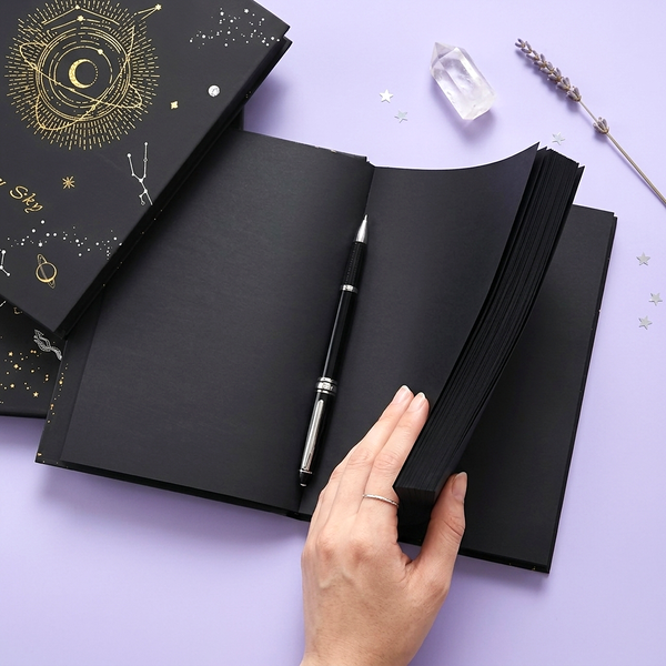 Starry Sky Black Paper Notebook - Hardcover, Gold Foil Design, 256 Pages