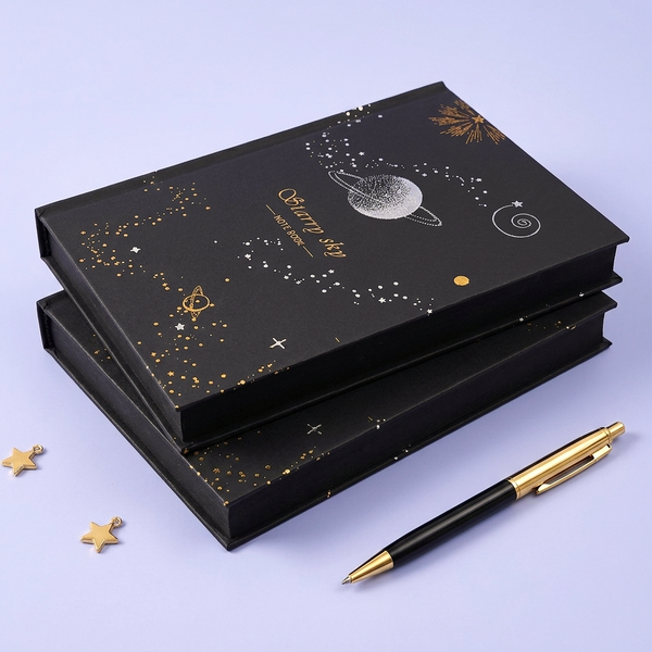 Starry Sky Black Paper Notebook - Hardcover, Gold Foil Design, 256 Pages