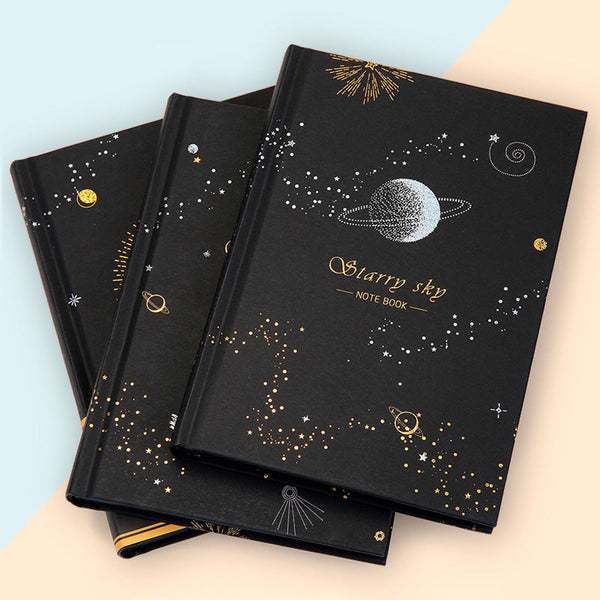 Starry Sky Black Paper Notebook - Hardcover, Gold Foil Design, 256 Pages